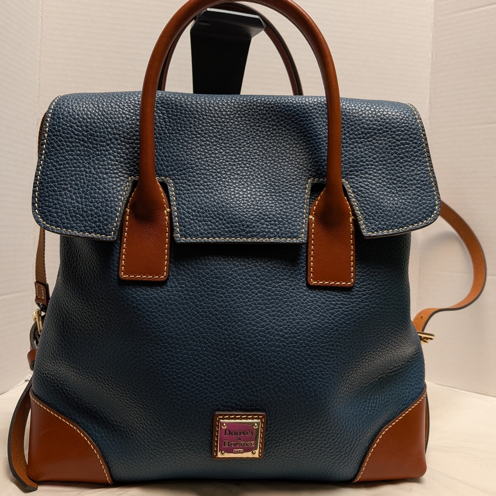 Dooney & Bourke Navy Pebbled Leather Satchel with Brown Trim